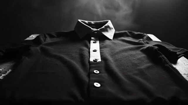 Black and white close-up of a button-down collared shirt with contrasting trim sitting on a weathered surface.