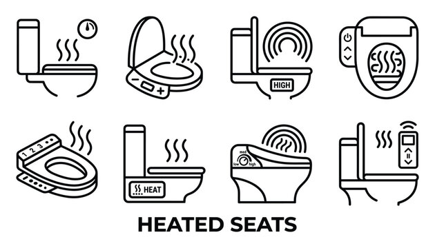 Heated toilet seats icons set for modern bathroom, vector illustrations of bidet function and comfortable wc.