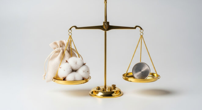 Golden balance scale with cotton and metal coin showing commodity prices outlook concept