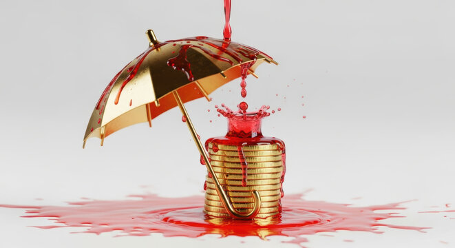 Golden umbrella protects stacked coin with red liquid splash symbolizing corporate debt levels risk and financial instability concept
