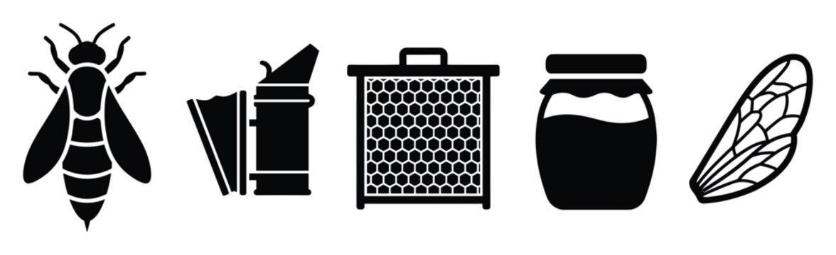 Graphic black silhouette icons of bee, beekeeper smoker, honeycomb frame, honey jar and bee wing