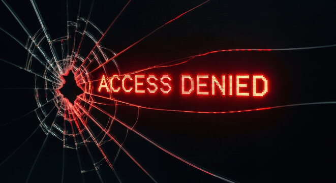 Access denied message on cracked glass screen highlights data privacy concerns in digital security protection