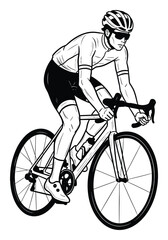 Obraz premium Male cyclist on a road bike, wearing helmet, suitable for fitness and sports graphics.