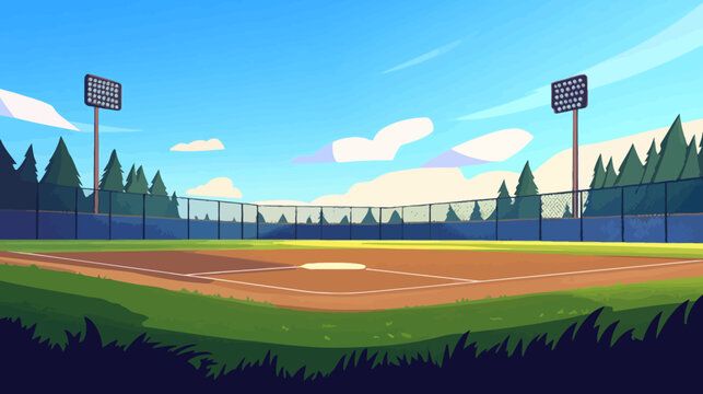 Stylized baseball field with brown dirt, green grass, white base, tall blue fencing