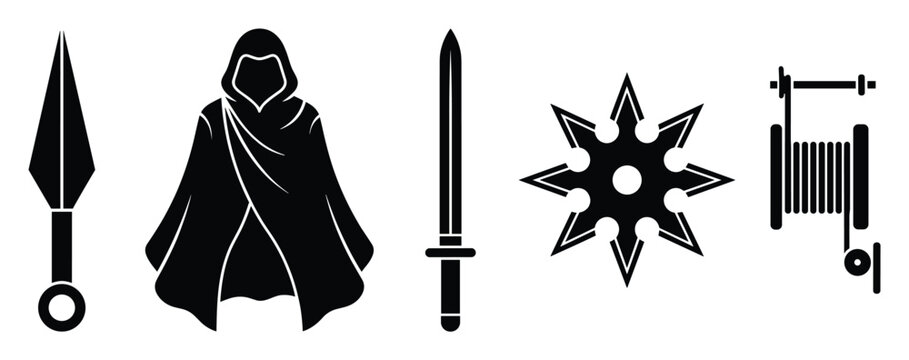 Warrior and assassin equipment with hooded cloak kunai shuriken sword for game assets