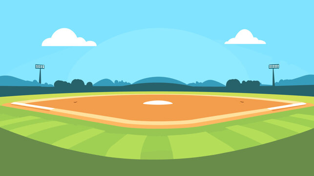 Bright baseball field under a sky with orange infield, green outfield, stands
