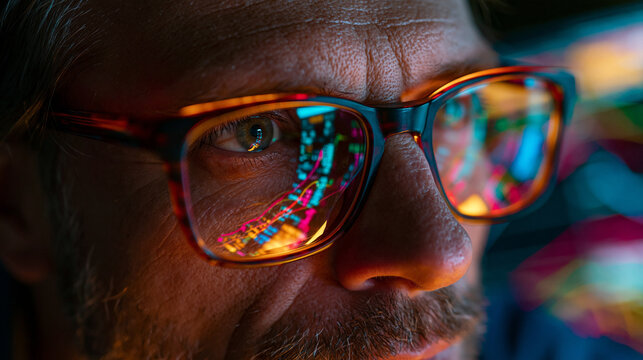 Colorful Bokeh Reflection: Close-Up Portrait of Intense Male Model in Fashionable Glasses and Smart Urban Lifestyle Scene.
