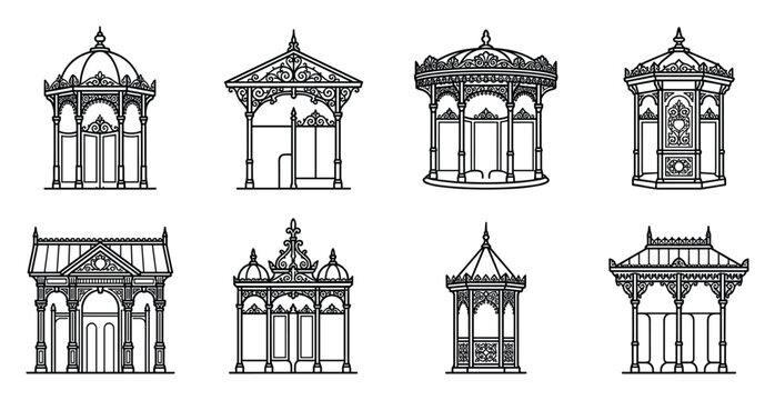 Victorian gazebo and pavilion icons set for park or garden, vector illustrations of ornate outdoor structures.