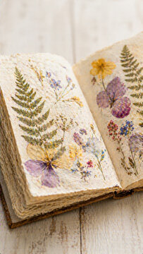Pressed flower book with fern and colorful petals on textured paper promotes mental health awareness through nature calming beauty and delicate art