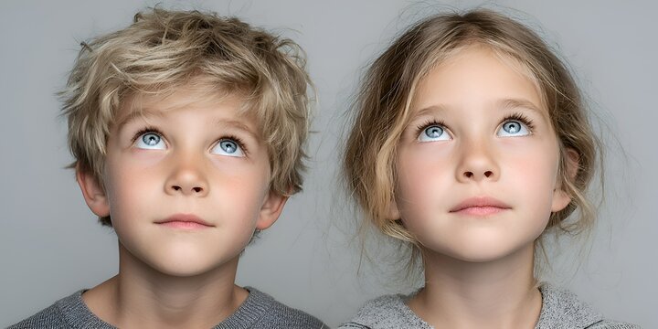 A blond haired young boy and girl stand side by side in a studio as they both look upward with curious expressions on their faces now.