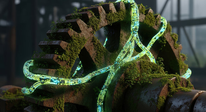 Oil energy transition concept with moss covered gear and glowing circuit lines symbolizing sustainable technology and prices