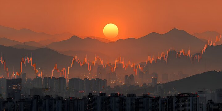 A beautiful sunset illuminates a cityscape with overlayed stock market charts against a backdrop of distant mountains creating a surreal scene.