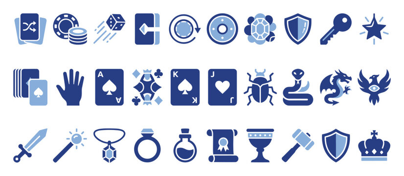 Gaming and fantasy themed flat icons for mobile game interfaces or digital projects