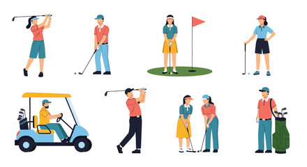 Fototapeta premium Collection of diverse cartoon golfers engaging in various activities on a golf course, including swinging, putting, driving a golf cart, and standing with clubs.