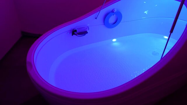 A modern hyper-saline floatation therapy pod fills with blue glowing water at a luxury wellness spa