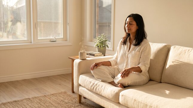 A woman is immersed in a serene meditation practice on a cozy sofa, embracing tranquility, mindfulness, and inner peace in the comfort of a sunlit living room.