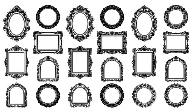 Elegant vintage frame collection vector set with ornate scrollwork floral baroque oval and rectangular borders