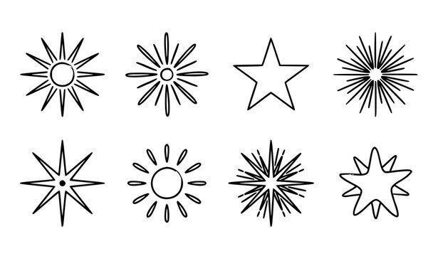 Minimal hand drawn sunburst and starburst vector icon set in black line style for highlight design elements