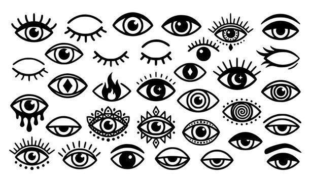 Minimal black and white eye icon collection with artistic lashes crying eyes and surreal pupil designs