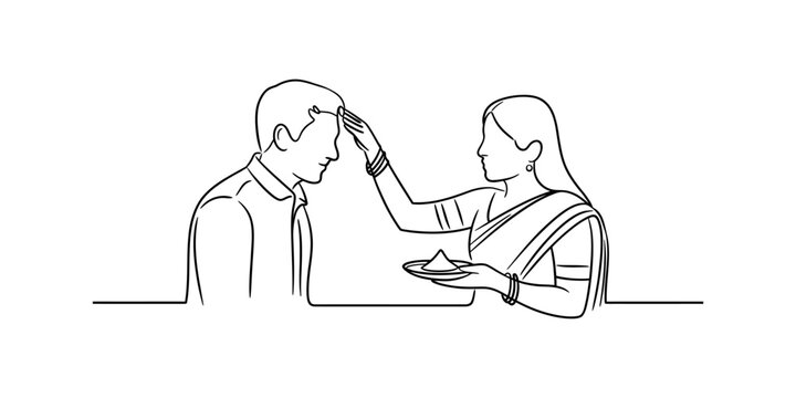 Woman applying tilak on man's forehead with powder on a plate Vector, illustration
