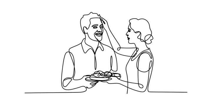 Woman applying tika on man's forehead, holding plate of sweets, single line art Vector, illustration