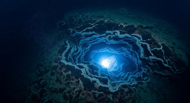 Underwater view of a deep blue sea cave or sinkhole with light shining through from the surface, creating a dramatic and mysterious atmosphere in the dark ocean depths