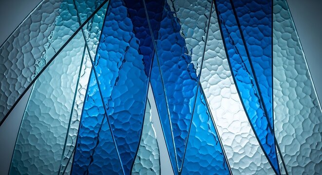 Abstract background of overlapping geometric glass panels with a textured, hammered surface in shades of deep blue and light cyan, creating a modern, crystalline, and translucent layered effect