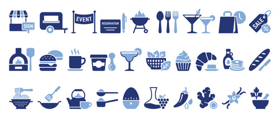 Obraz premium Food and kitchen icons for cooking event marketing culinary business menu or recipe apps