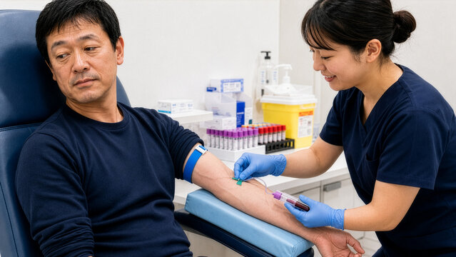 Nurse Drawing Blood from Middle-Aged Japanese Man During Blood Test at Medical Clinic
