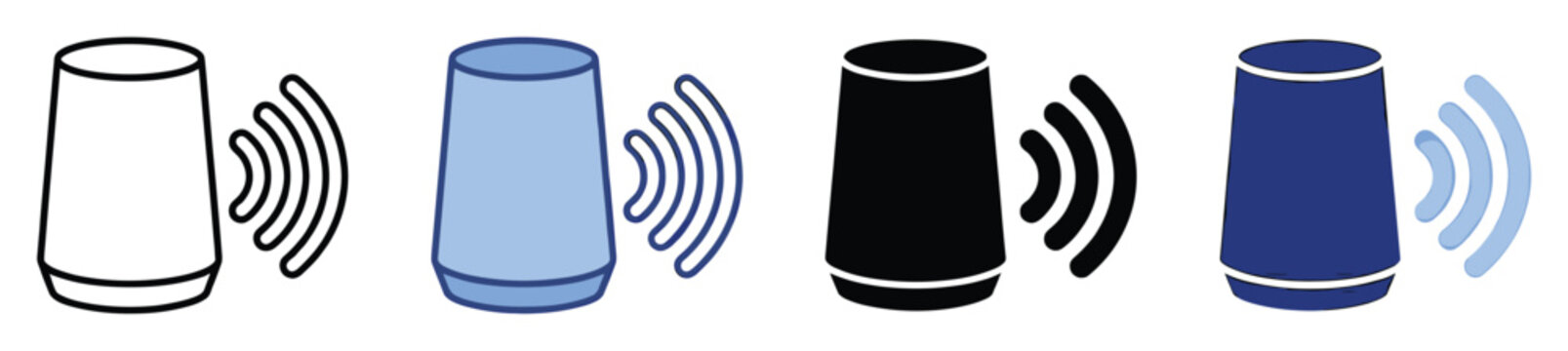 Smart speaker icon set with voice assistant functionality and wireless connectivity symbols for technology applications