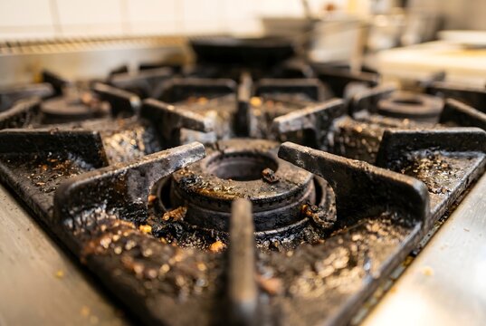 Macro texture of gas stove grate with baked-on grease and carbonized stains