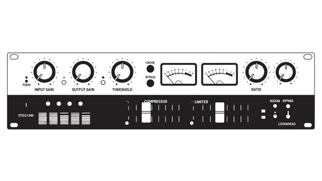 Vintage analog audio mixer rack with meters, knobs, and switches for professional sound control in a studio setting.