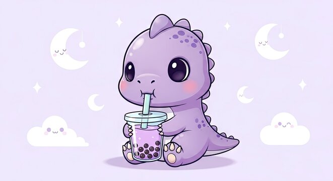 Cute purple baby dinosaur drinking boba tea on pastel background