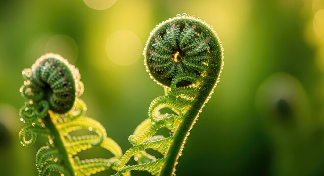 Fern fiddleheads with water drops in golden morning light