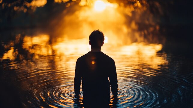Man standing in a placid lake at sunrise, surrounded by fog