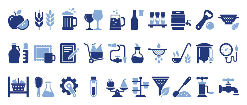 Brewing and beverage making icons with fruits, grains, and equipment for food uses