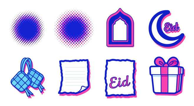 Eid al fitr vector elements with crescent moon gift box and ketupat decorations