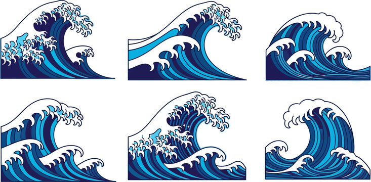 A collection of six graphic illustrations depicting stylized ocean waves in various forms. Blue water swells with detailed white foam crests, set against a clean white background.