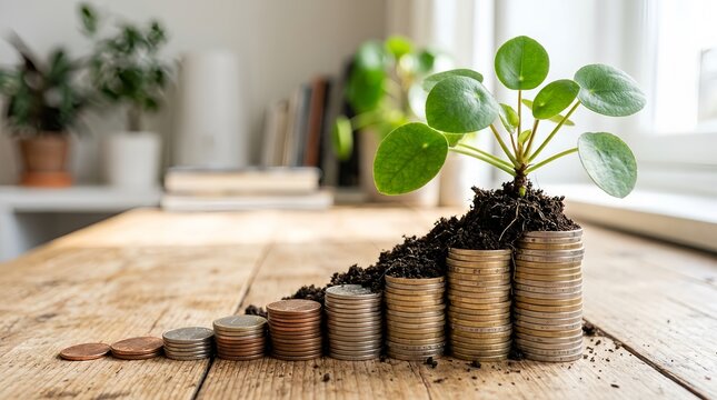 Coins stacked in progressive levels forming a growth chart with soil and a healthy plant on top, representing long-term investment, financial planning, and sustainable economic development.