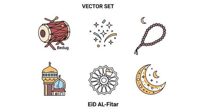 Eid al fitr vector set drum fireworks prayer beads mosque ornament crescent