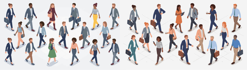 Fototapeta premium Diverse group of professionals walking in isometric view, representing business and collaboration