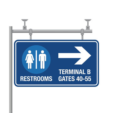 Airport terminal B restroom sign with directional arrow
