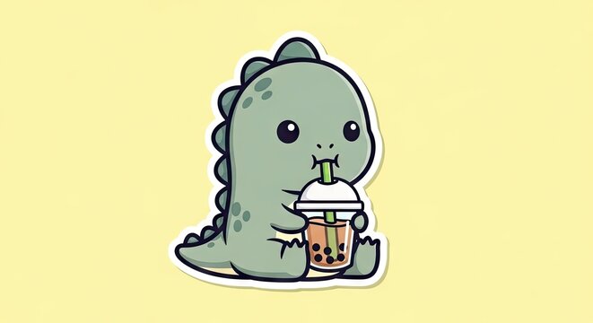 Cute cartoon dinosaur drinking boba tea on yellow background