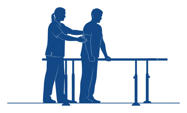 Physical therapist assists patient walking with parallel bars during rehabilitation session for recovery