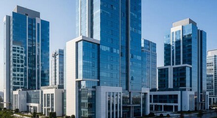 Fototapeta premium modern skyscraper cityscape featuring sleek glass high-rise buildings under clear blue sky with subtle sunlight reflections creating urban architectural brilliance perfect for corporate business