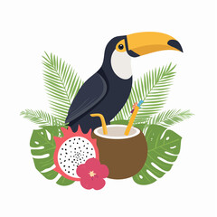 Obraz premium Toucan with Tropical Fruits and Coconut Drink