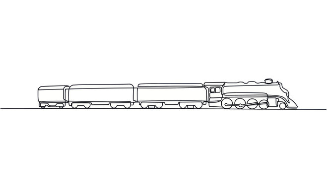 Vintage Steam Locomotive pulling carriages, line art illustration