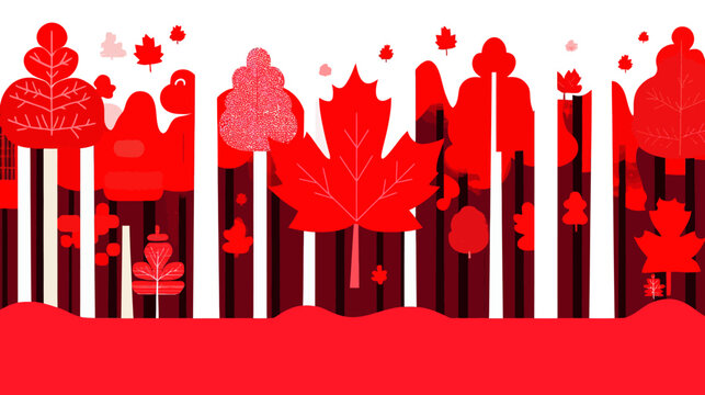 A bold red forest scene with white trunks, oversized leaves, and a wavy ground