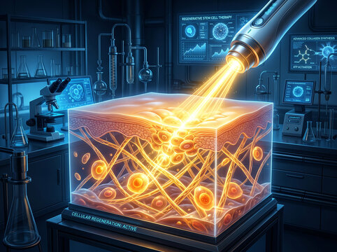 Futuristic laboratory research on cellular regeneration and skin rejuvenation