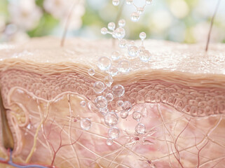 Fototapeta premium Hyaluronic acid molecules penetrating skin layers for hydration and renewal